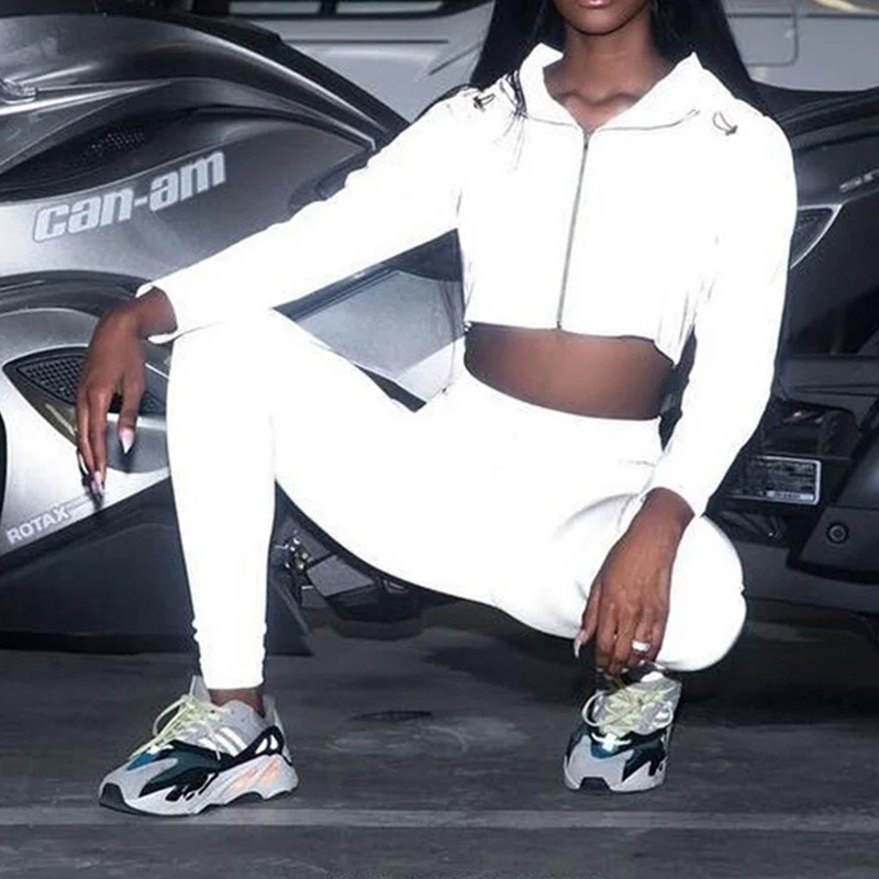 Kvinder Træningsdragt, 2 delt Sæt Hip Hop Reflekterende Afgrøde Top Mode Kvindelige Bukser Lynlås Jakke Frakke Streetwear Matchende Sæt S-XXXL
