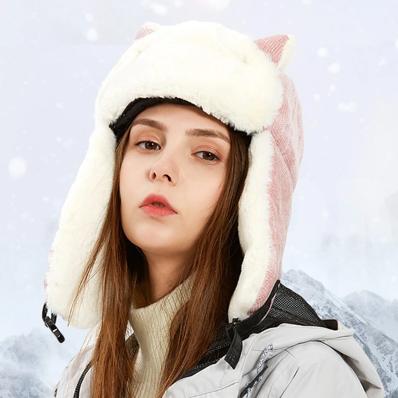 Kvinder Vinteren Tykkere Plys Foring Trooper Trapper Hat Søde Kat Ører Udendørs Termiske Varme Sne Ski Vindtæt Earflap Cap