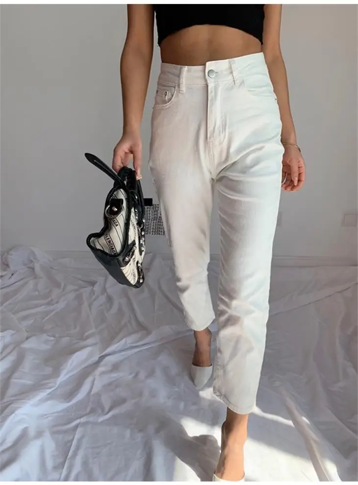 Kvinders Stretch Jeans Slim Hvid Kæreste Høj Talje Beskåret Lige Bukser G413