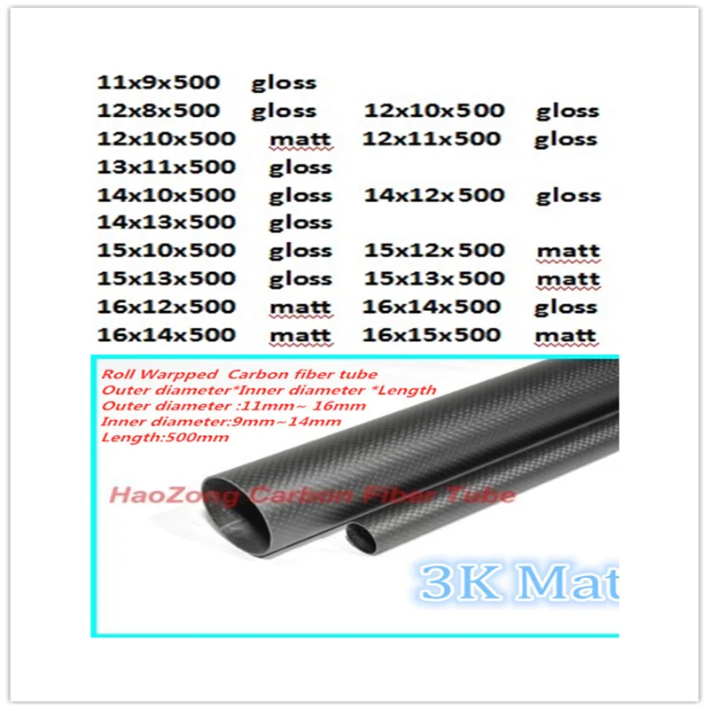 L500mm 3k Carbon Fiber Rør/Rør 11 mm 12 mm 13 mm 14 mm 15 mm 16 mm Rulle Indpakket Pole Høj Styrke