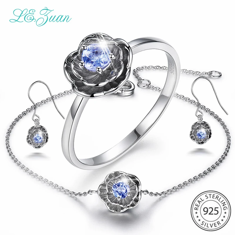 L&zuan 925 Sterling Sølv Smykker Sæt 0.2 ct Naturlige Tanzanit Stone Drop Earrings & Ring & Armbånd Lotus Blomst Smykker Sæt
