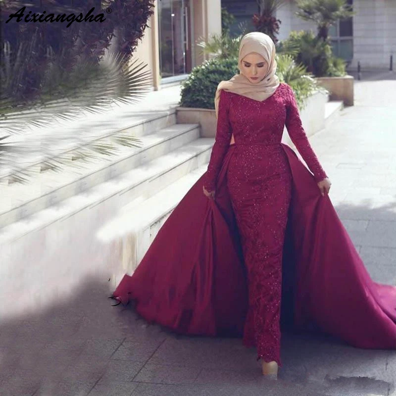Lange Ærmer, Blonder Perlebesat Formel Prom Dress Kvinder Aftagelig Tog Islamiske Dubai Saudi-Arabisk Muslim Havfrue Hijab Aften Kjole