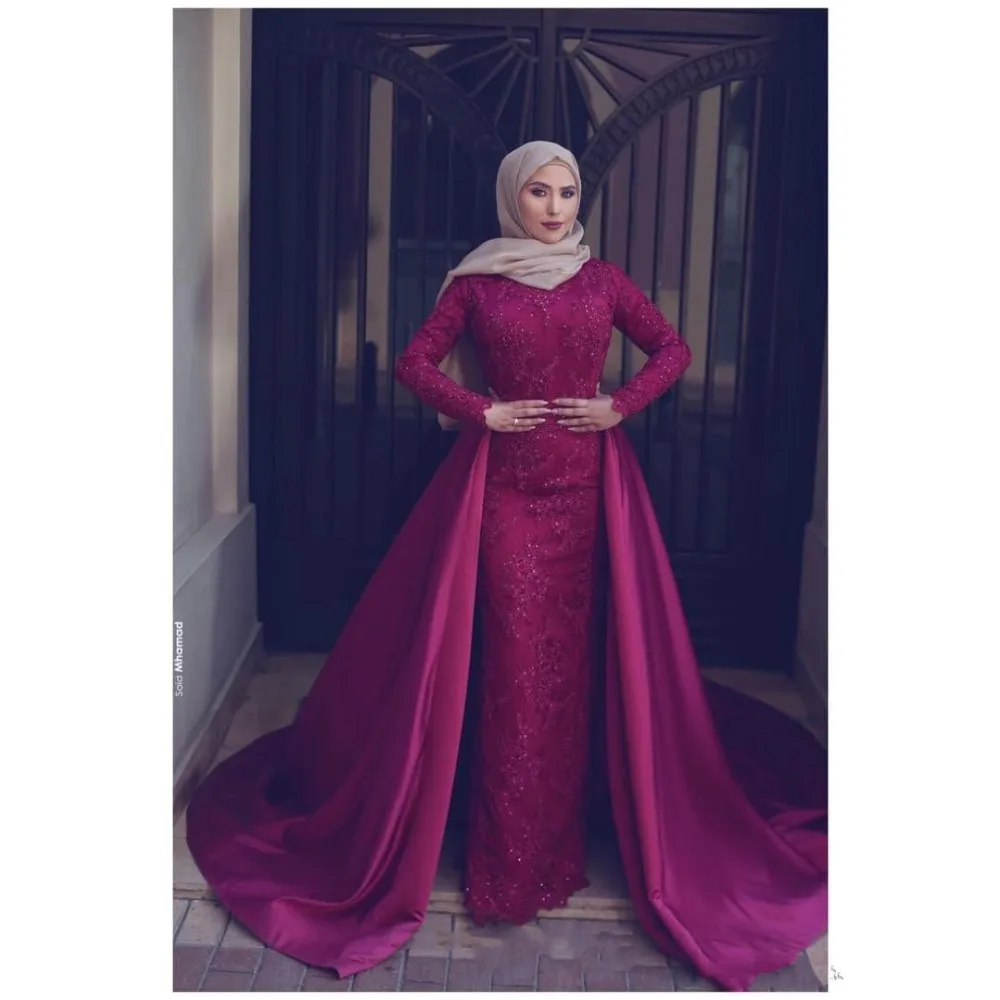 Lange Ærmer, Blonder Perlebesat Formel Prom Dress Kvinder Aftagelig Tog Islamiske Dubai Saudi-Arabisk Muslim Havfrue Hijab Aften Kjole