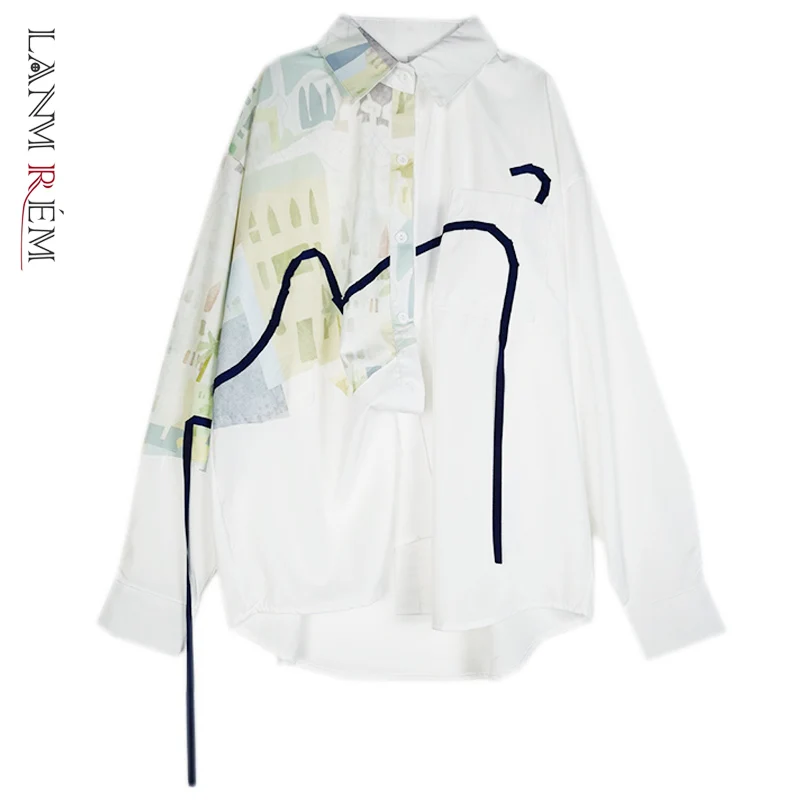 LANMREM Hvid Skjorte Trykt Kvinders 2021 Forår Og Efterår Nye Plus Size Syning Bluse Kvindelige Streetwear Mode Top 2C010