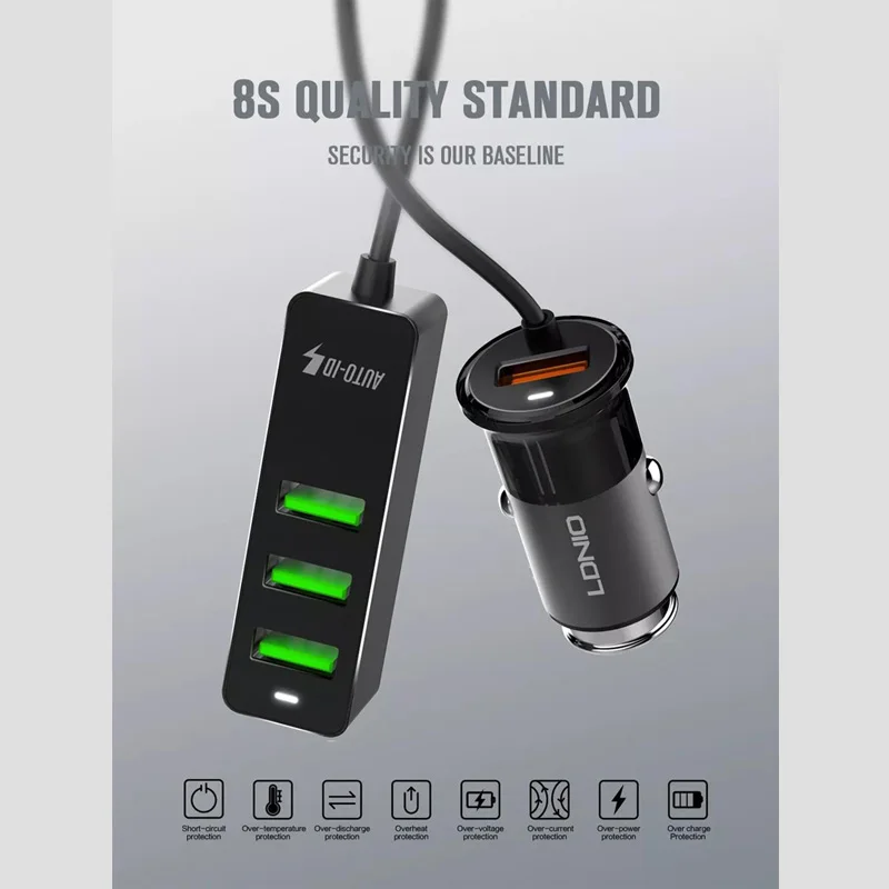 LDNIO USB Bil Oplader Med 4 Porte FAST QC3.0+2,4 A+3.1 En Universel USB-Hurtig Adapter med 120CM forlængerledning Kabel for MPV-biltelefonen