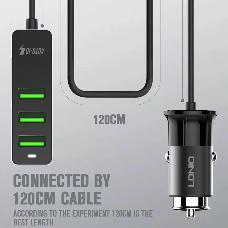 LDNIO USB Bil Oplader Med 4 Porte FAST QC3.0+2,4 A+3.1 En Universel USB-Hurtig Adapter med 120CM forlængerledning Kabel for MPV-biltelefonen