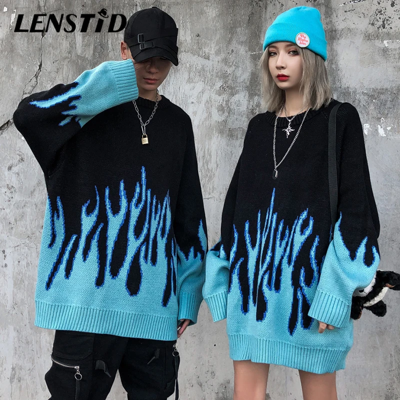LENSTID 2020 Efteråret Mænd Hip Hop Flamme Mønster Vintage Trøjer Streetwear Harajuku Strikkede Pullovers Casual Hiphop Tøj Toppe