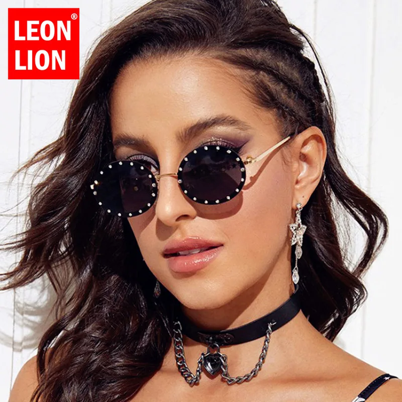 LeonLion 2021 Runde Retro Solbriller Kvinder Diamant Briller Kvinder Luksus Mærke Briller Kvinder Metal Gafas De Sol < / Para Hombre