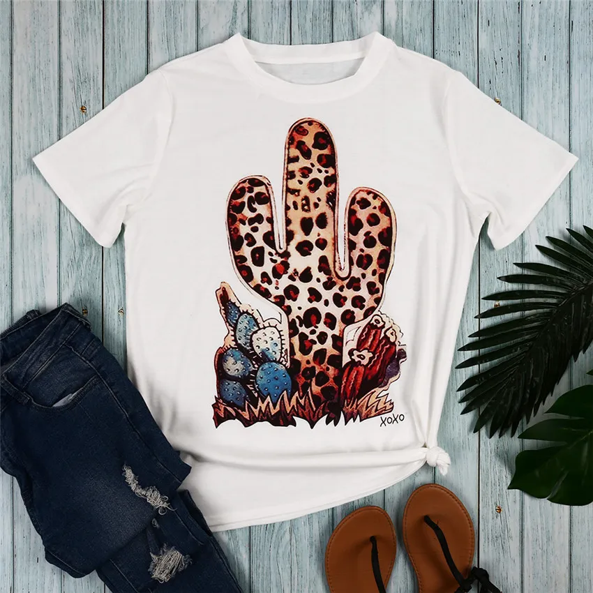 Leopard Kaktus Print T-Shirt til Kvinder Hvid T-shirt 2019 Toppe Tee Fashion Kort Ærme t-Shirts Kvinder Tøj Camiseta Mujer Tees