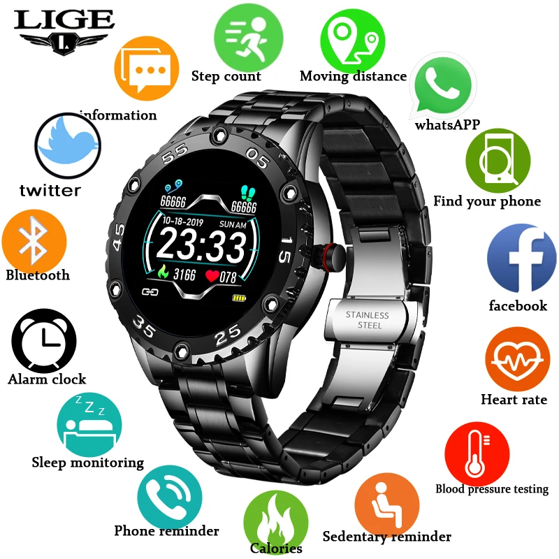 LIGE Mænd, Smart Ur pulsmåling Smartwatch Vandtæt Fitness Tracker Skridttæller Sport Smart Ur Mænd til Android, ios