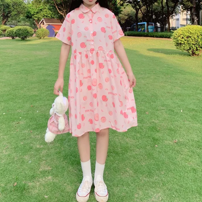 Lolita Japansk bløde søster Feng Pink fersken trykt revers pige, kort-langærmet kjole student sommeren sød chiffon kjole