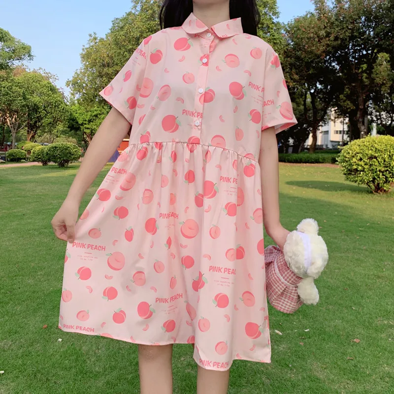 Lolita Japansk bløde søster Feng Pink fersken trykt revers pige, kort-langærmet kjole student sommeren sød chiffon kjole