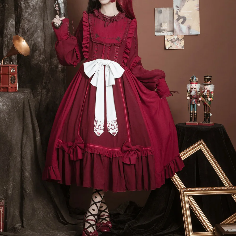 Lolita Kjoler Kvinder Royal Cosplay brugerdefinerede Søde Sløjfeknude langærmet kjole Foråret Efteråret Retro Vintage Piger Korea Japan Mode