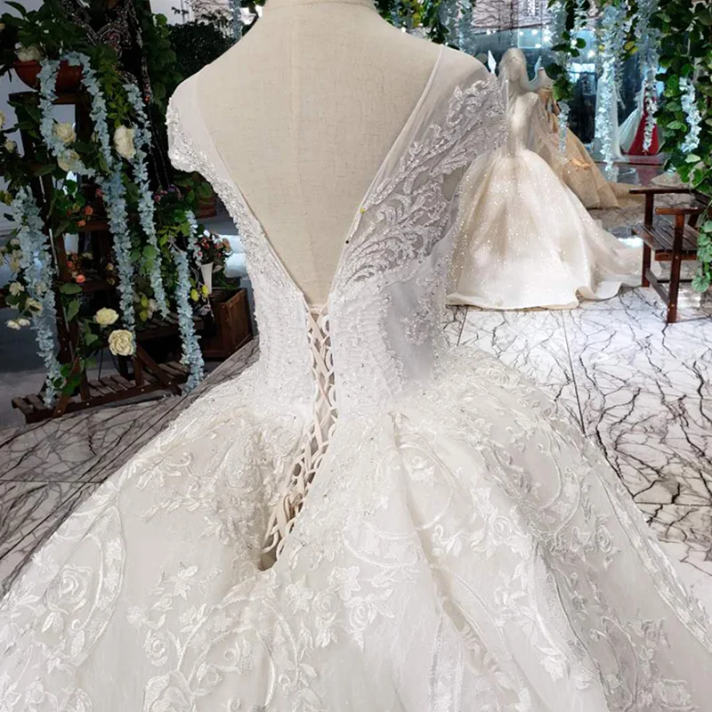 LSS513 Vintage Brudekjole 2020 Pynt Med Bryllup Slør O-Hals Lace Up V-Tilbage Hvide Brude Bolden Kjole