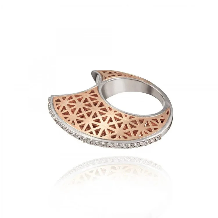 Luksus damer steg guld hule design ring 925 sølv part geometriske smykker damer sæt geometri