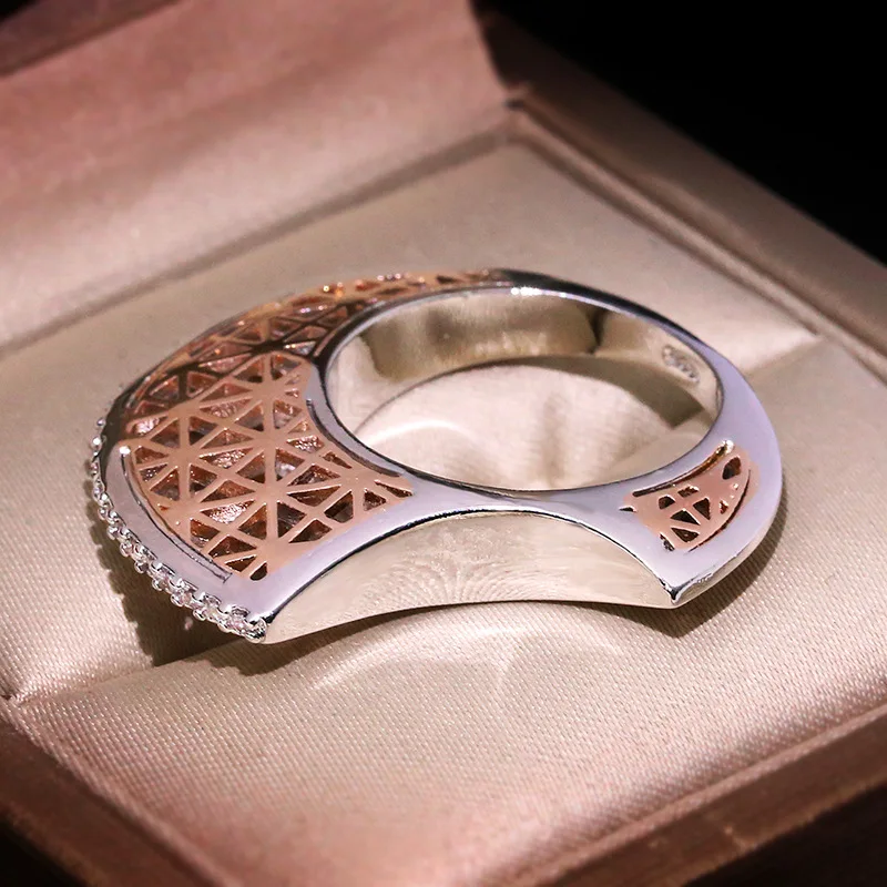 Luksus damer steg guld hule design ring 925 sølv part geometriske smykker damer sæt geometri