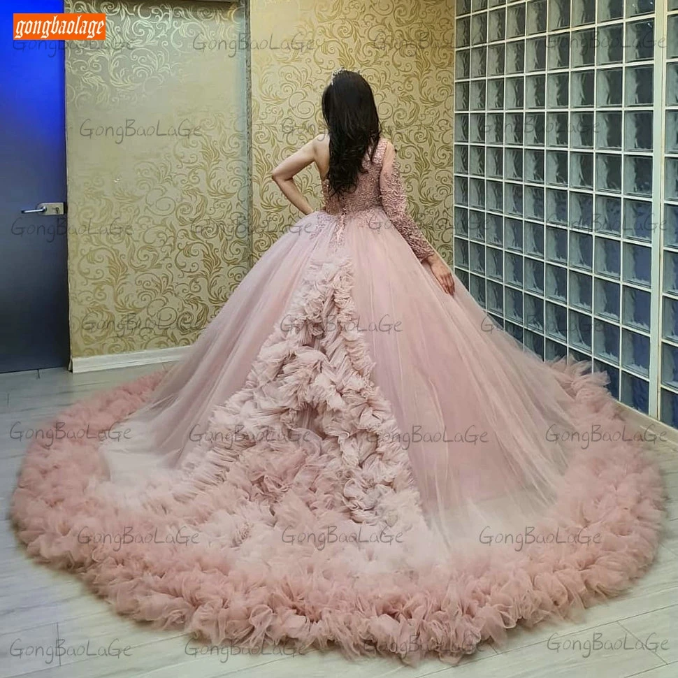 Luksus Pink Prom Kjoler, En Skulder 2020 Vestidos De Fiesta Snøre Beaded Tyl Balkjole Kvinder Kjoler Party Vestidos Formales