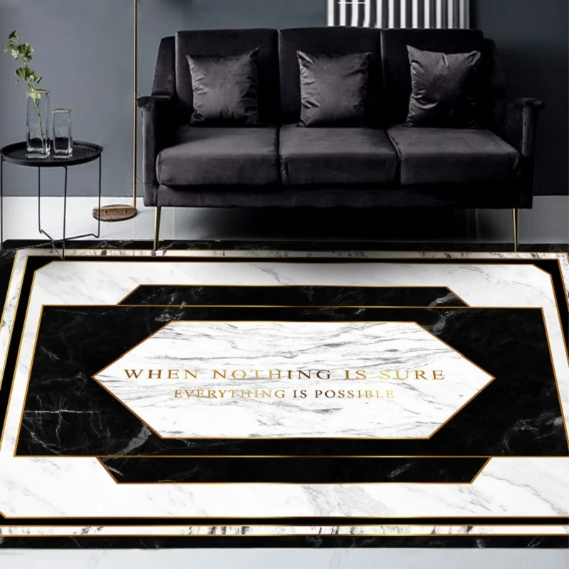 Luksus sort og hvidt geometrisk marmor tæppe skræddersyet 2,6 m bredde gulvmåtte plys udskrivning tæppe til stue, soveværelse mat