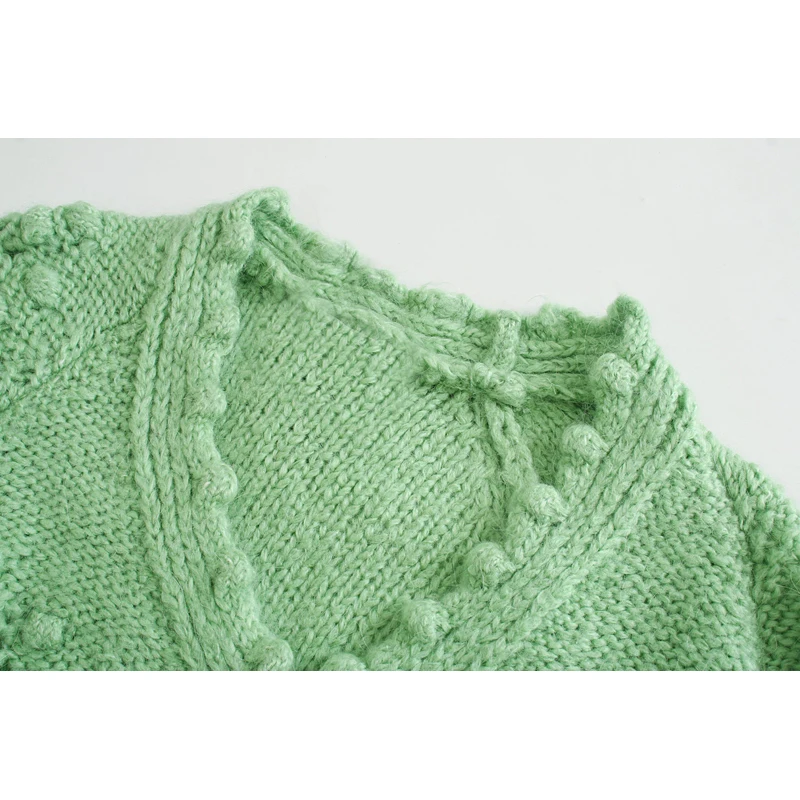 Lys grøn V-Neck Cardigan Trøjer Kvinder Mode Hule Ud toppe Kvinder Elegant Lanterne Ærme Trøjer Kvindelige Damer Outwear