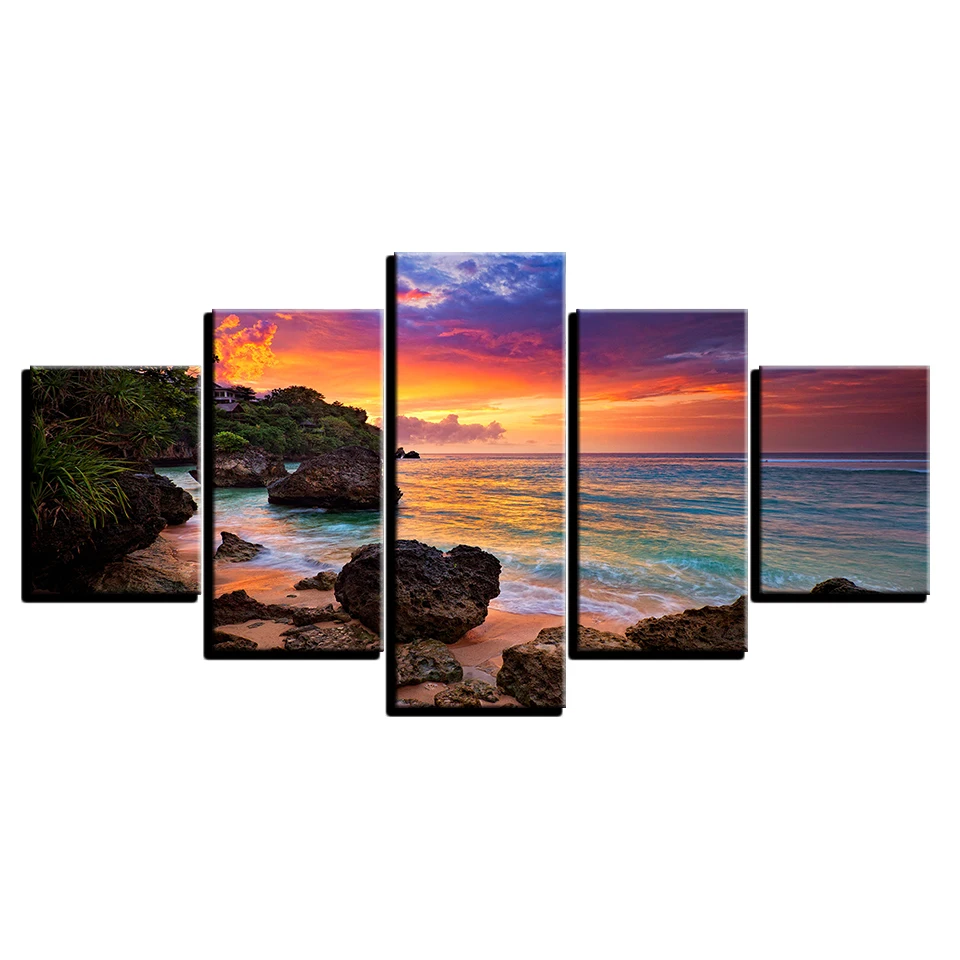 Lærred til Væg Kunst, Billeder 5 Stykker Sunset Skær Malerier Hjem Indretning Stue HD Udskriver Strand Bølger Seascape Plakater Ramme