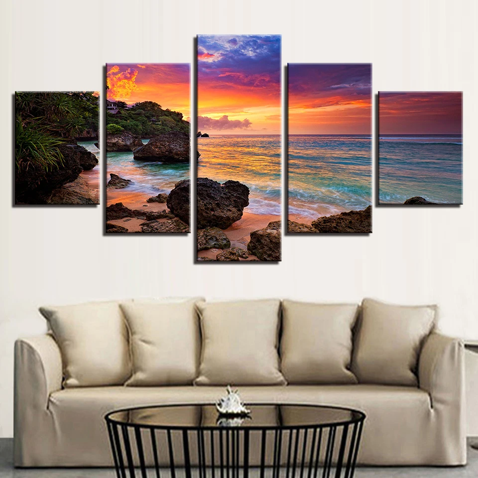Lærred til Væg Kunst, Billeder 5 Stykker Sunset Skær Malerier Hjem Indretning Stue HD Udskriver Strand Bølger Seascape Plakater Ramme