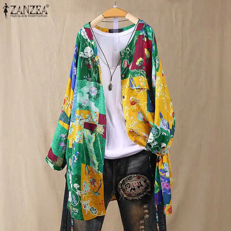 M-5XL ZANZEA 2021 Foråret Cardigans Vintage Afslappet langærmet Skjorte Fashion Kvinder Trykt Blomstret Bluse Blusas Female Tunika Toppe