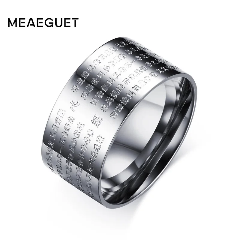 Meaeguet 10mm Bred Vintage Bøn Bijoux Ringe til Kvinder, Mænd 316L Rustfrit Stål 2 Farver Kinesiske Buddhistiske Skrifter Ring