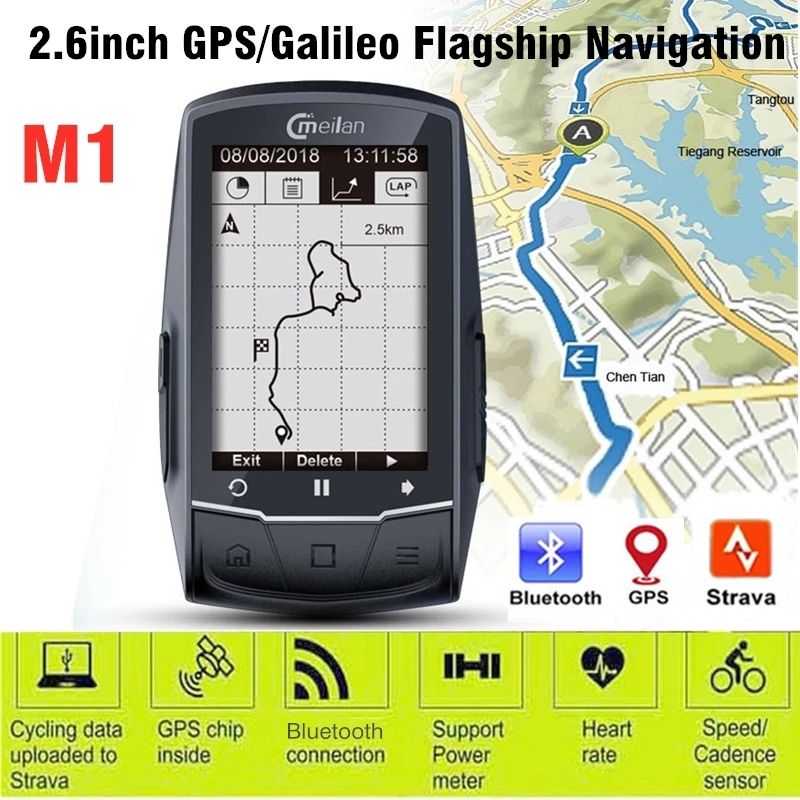 Meilan GPS-cykelcomputer Med Bryst-pulsmåler Hastighed /Kadence Sensor Trådløse Navigation, Bluetooth 4.0 Kilometertæller Cykel