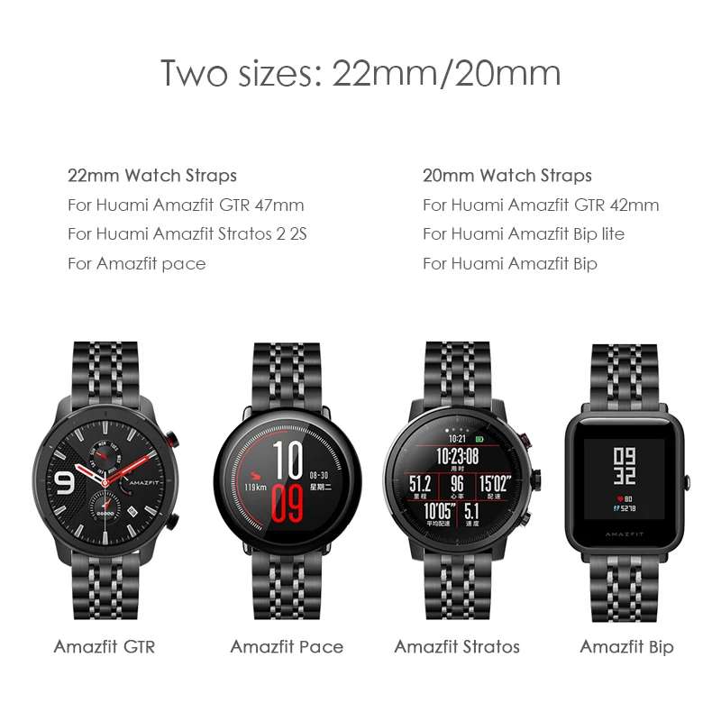 Metal Håndledsrem til Xiaomi Huami Amazfit GTR 47mm 42mm Rustfrit Stål Armbånd for Amazfit Bip-lite/Stratos 2 2S / Tempo Band