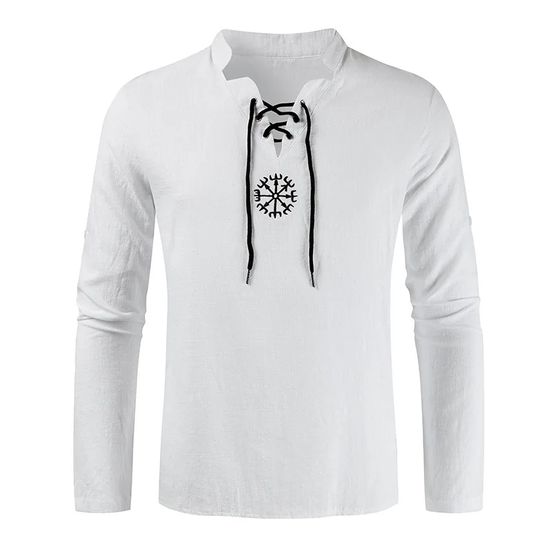 Middelalder kostume Pirat Viking Hør T-shirt Renæssance-Kostume Herre Nordiske Retro Top-Shirt med Lange ærmer Skæg Cosplay For Mænd