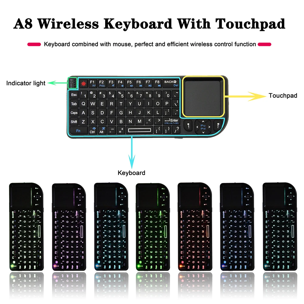 Mini Wireless A8 Tastatur Air Mouse 2,4 G 7color Baggrundsbelyst Håndholdte Touchpad ' en til telefonen smart tv boks android 2,4 G Wireless Presenter