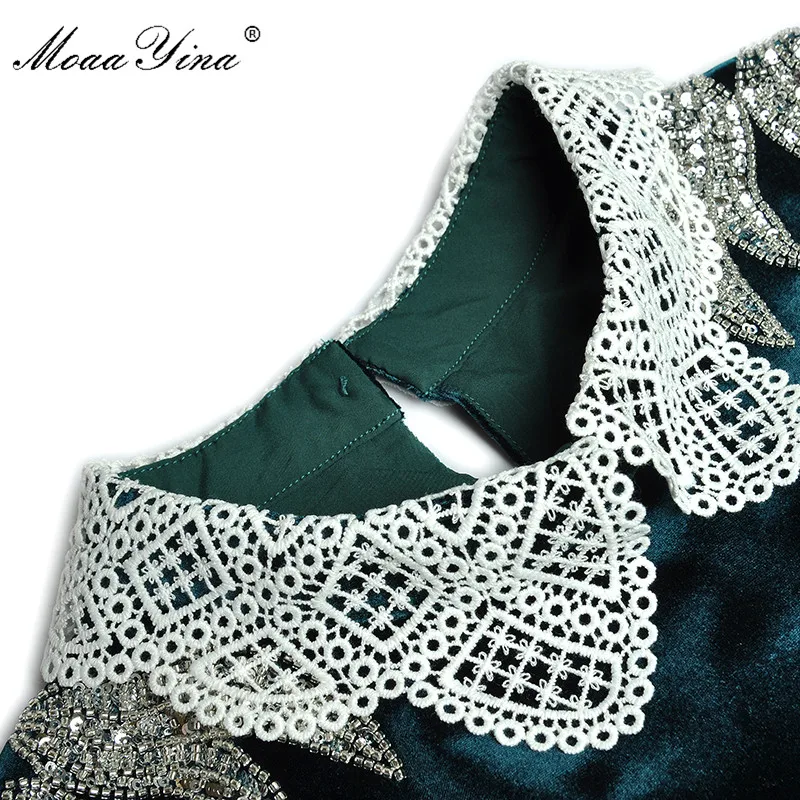 MoaaYina Fashion Designer kjole Foråret Kvinders Kjole Pailletter Crystal Beaded Elastisk talje lace-up Velour Kjoler