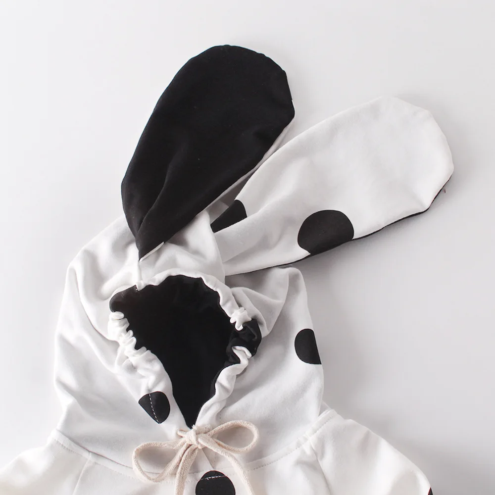 Mode Bomuld Baby Pige Tøj Dot Søde 3D Kanin Øre med Lange Ærmer Hooded Sweater Baby Sparkedragt Fall Winter Spædbarn Tøj 0-18M