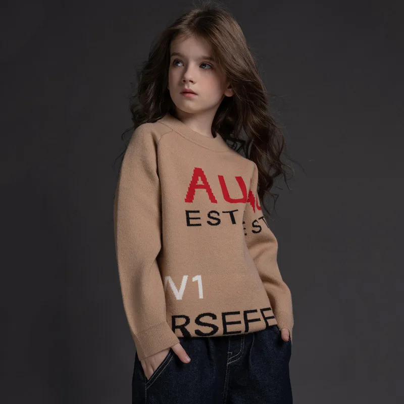 Mode Brev Print Trøje Til Piger I Blød Bomuld Pullovere Børn Termisk Strik Efterår Og Vinter Børn Tøj Toppe