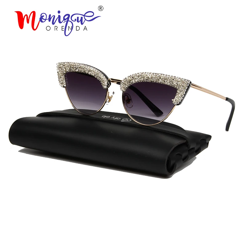 Mode-cat eye solbriller kvinder brand designer vintage halv frame grus rhinestone sol briller mænd nuancer oculos de sol UV400