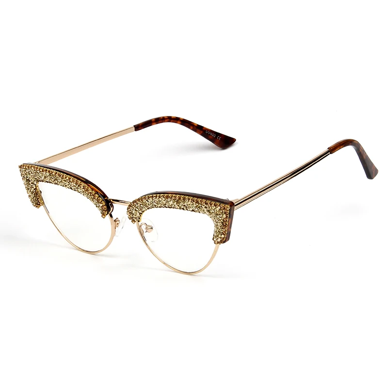 Mode-cat eye solbriller kvinder brand designer vintage halv frame grus rhinestone sol briller mænd nuancer oculos de sol UV400