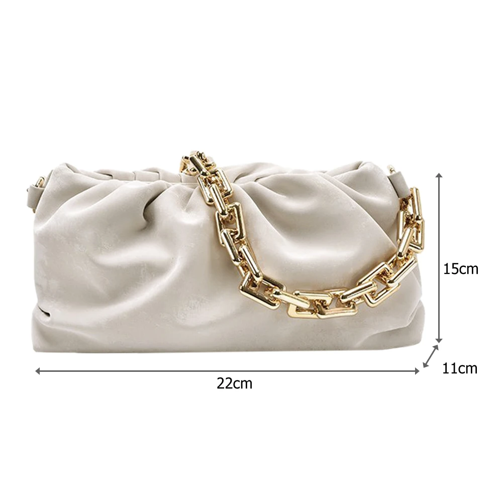 Mode Cloud Plisserede Håndtaske Elegante Kvinder, Tykke guldkæder Underarm Enkelt Skulder Tasker Solid Farve Mat PU Punge