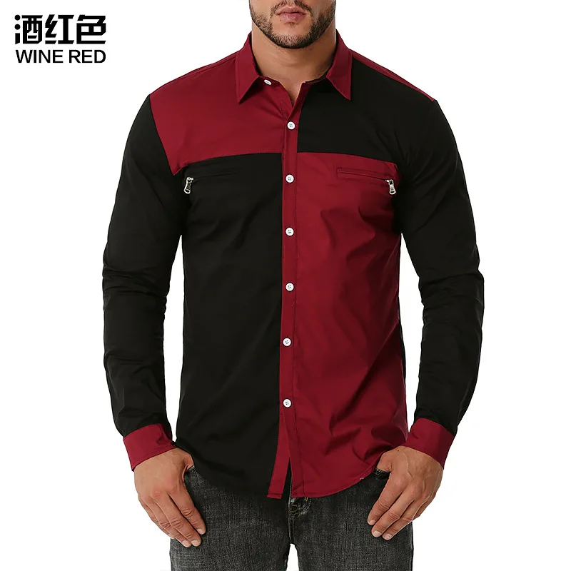 Mode Dobbelt Lynlås Vestlige Cowboy Shirt Mænd Rød Sort Kontrast, Lange Ærmer Herre Casual Patchwork Part Shirt til mænd