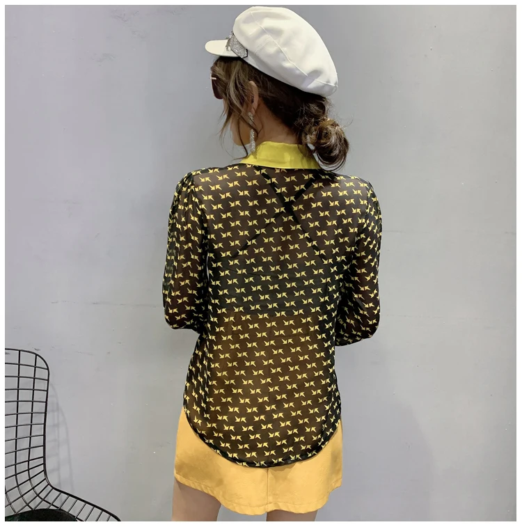 Mode Koreansk Tøj Patchwork Print Kontrast Farve Bluse Kvinder Shirt 2020 Foråret Og Sommeren Chiffon Ropa Mujer Toppe T02523