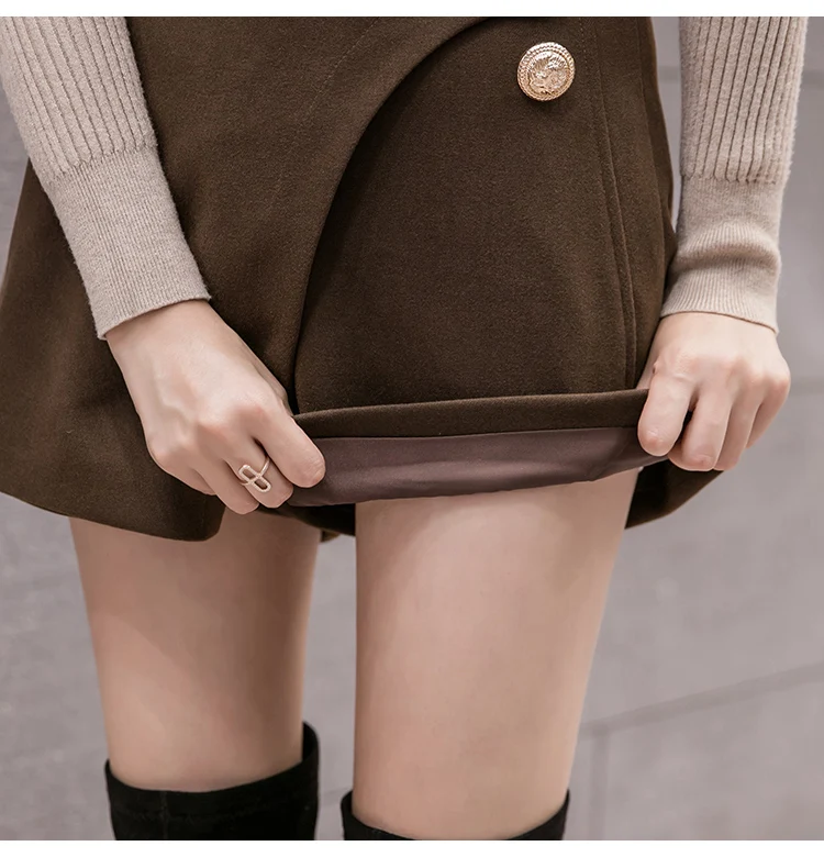 Mode Koreanske Kvinder Uld Nederdel, Shorts 2020 Efterår Og Vinter Dobbelt Knapper Slids, Nederdel, Shorts Damer Elegant Vintage Korte Bukser