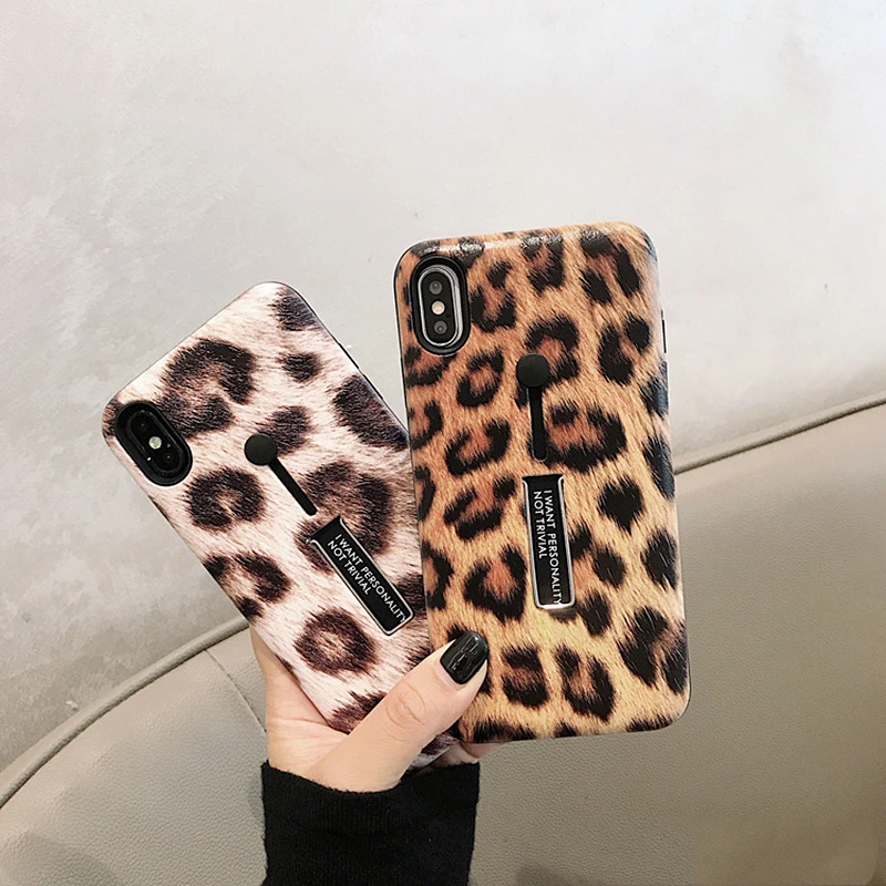 Mode Leopard Print Plys loopy Phone Case For iphone 8 samt Sager XS Antal XR-X 6 7 XS Plus Mode Ring Stå Mat Hårdt Cover