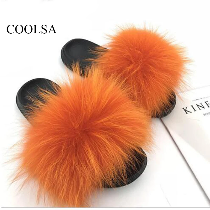 Mode til Kvinder Fluffy Pels Tøfler Real Furry Fox Hair Dias Kære Søde Plys-Stranden og Klip-Klappere Indendørs Flade Sko Plus Sko