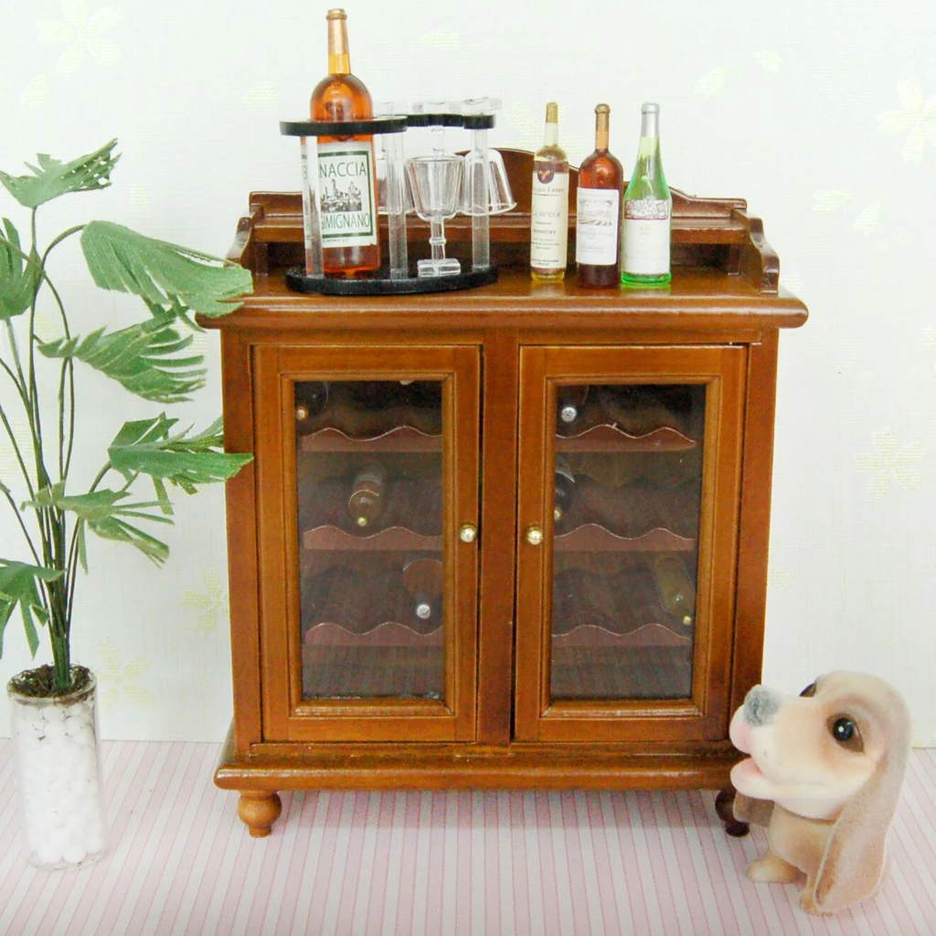 Moderne 1/12 Scale Kabinet med Døre + Vin Rack + vinglas, Kopper Indstillet til dukkehuset stue eller Soveværelse Tilbehør