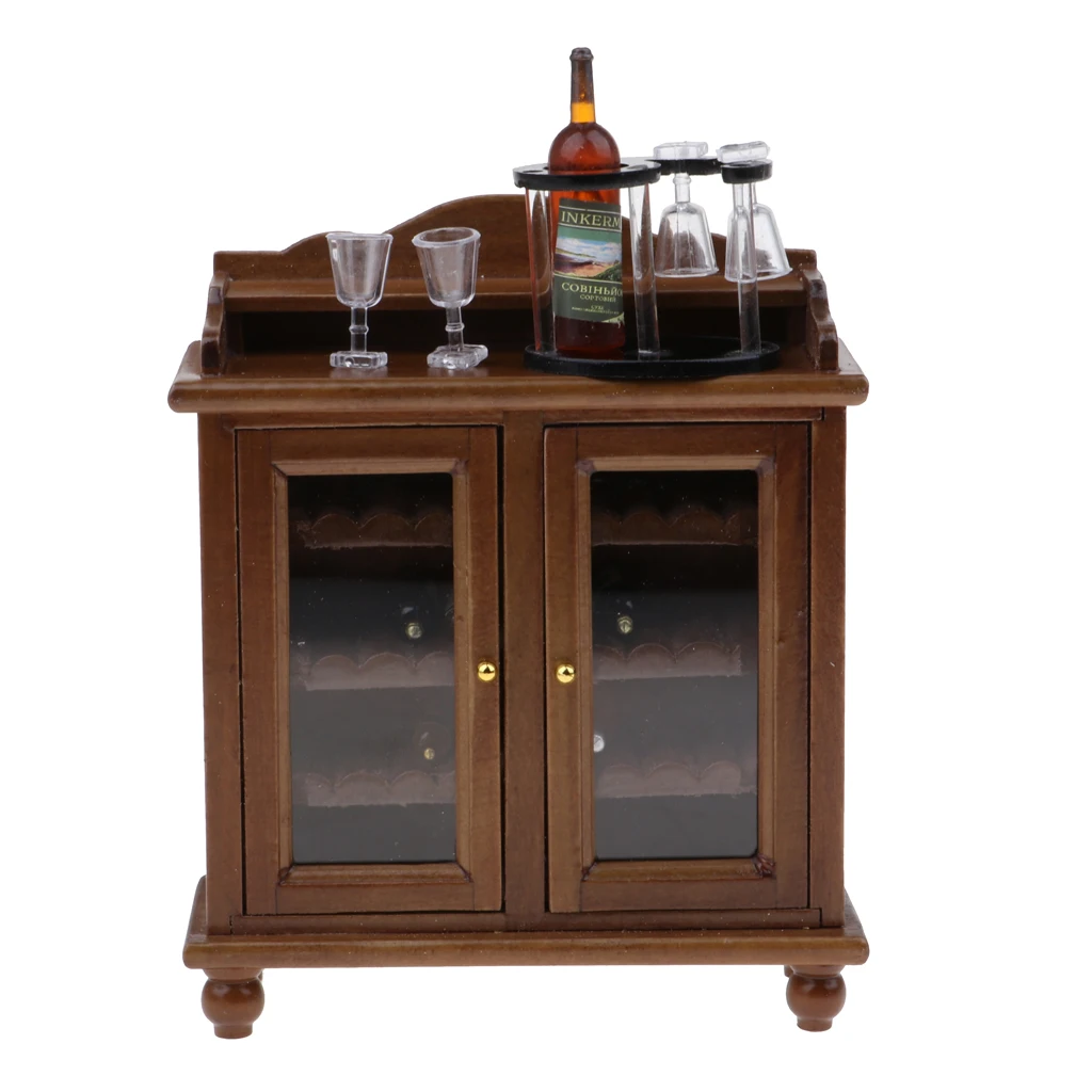 Moderne 1/12 Scale Kabinet med Døre + Vin Rack + vinglas, Kopper Indstillet til dukkehuset stue eller Soveværelse Tilbehør