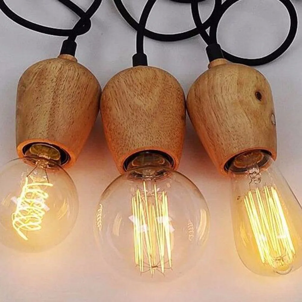 Moderne Træ Vedhæng Lys Vintage Ledningen Pendel Lampe Hængende lampe Sort Ledning Edison E27 Pære Suspension armatur