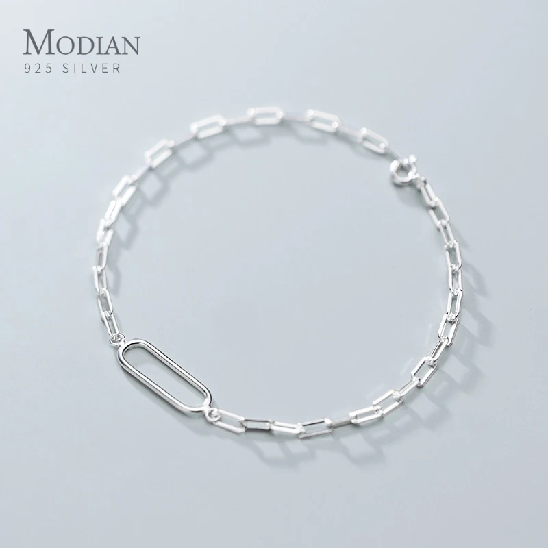 Modian Nye Ankommer Enkel Stabelbar Oval Interlock 925 Sterling Sølv Armbånd til Kvinder Mode Geometriske Armbånd Fine Smykker