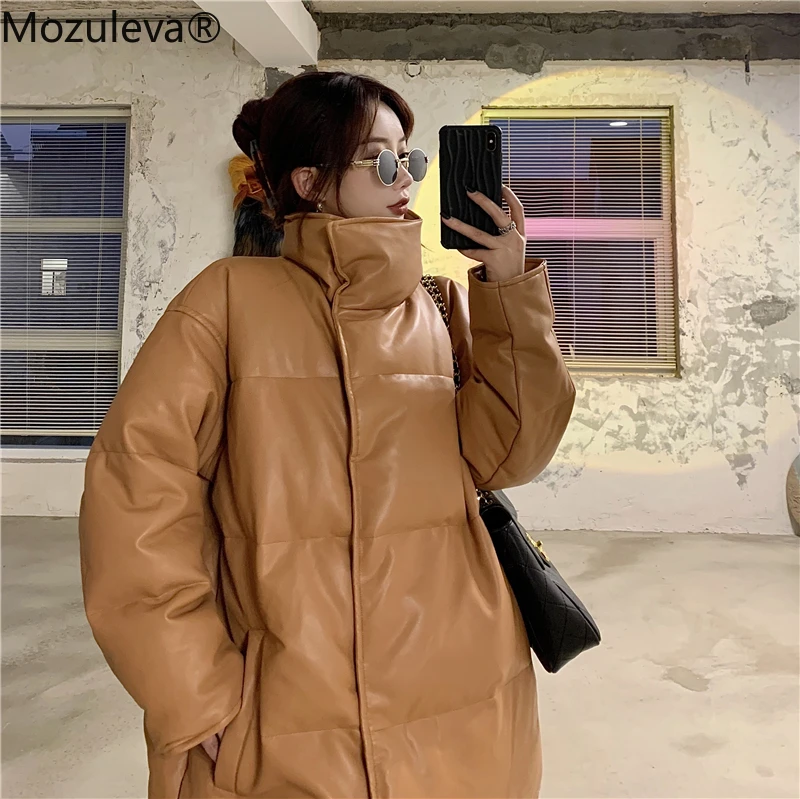 Mozuleva 2021 smarte temperament løs pels design følelse høj krave fashion læder, bomuld-polstret tøj vinter tøj til kvinder