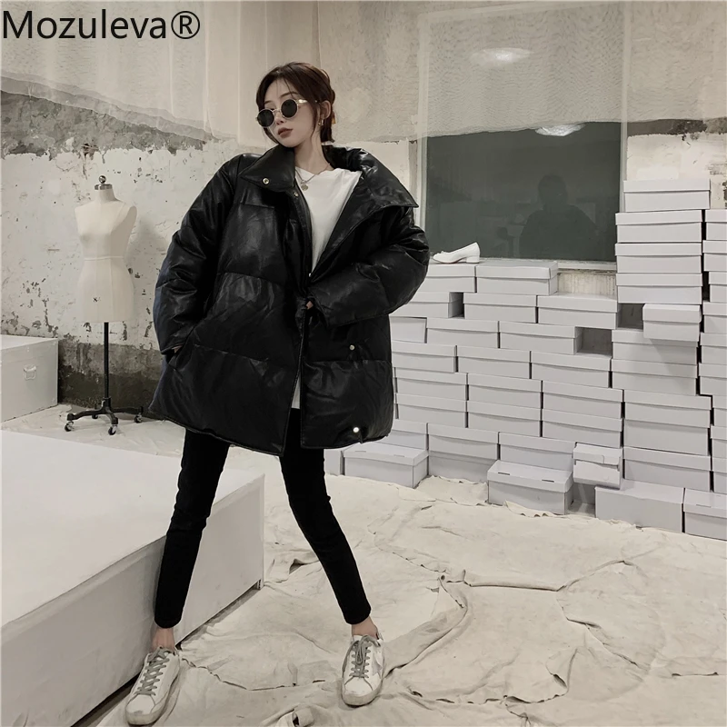 Mozuleva 2021 smarte temperament løs pels design følelse høj krave fashion læder, bomuld-polstret tøj vinter tøj til kvinder