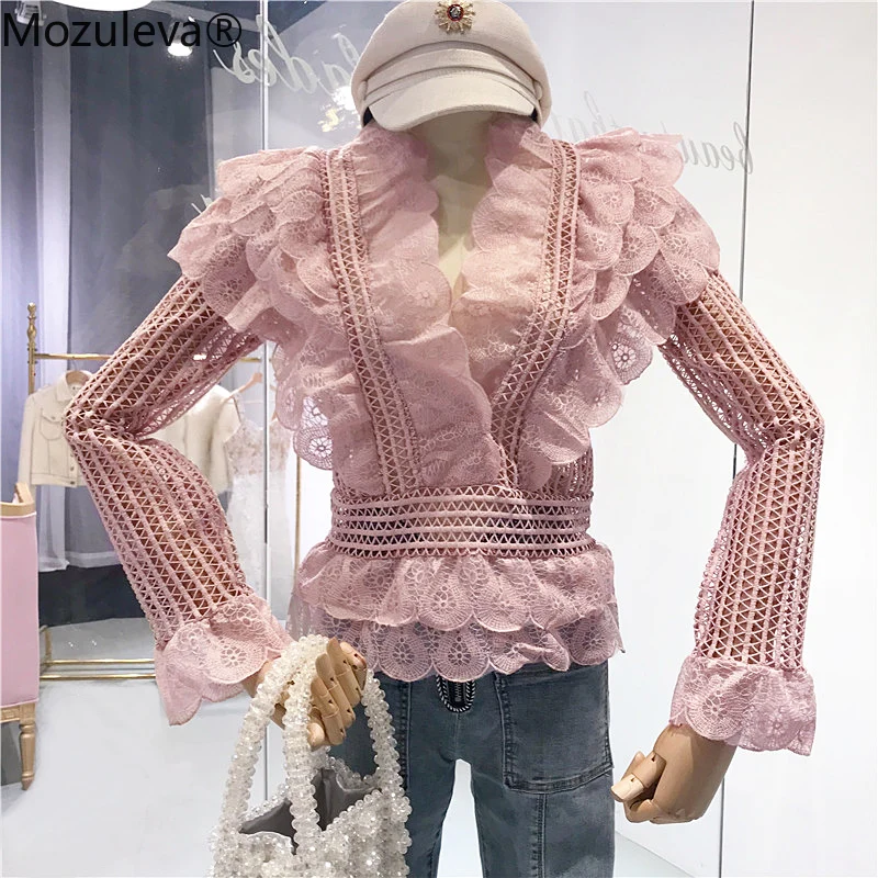 Mozuleva Bane Kvinder Pink Lag Flæser Shirt Blusas Forår Mode Blonder Hule Ladies V-Neck Bluse Slim Flare Ærmet Top