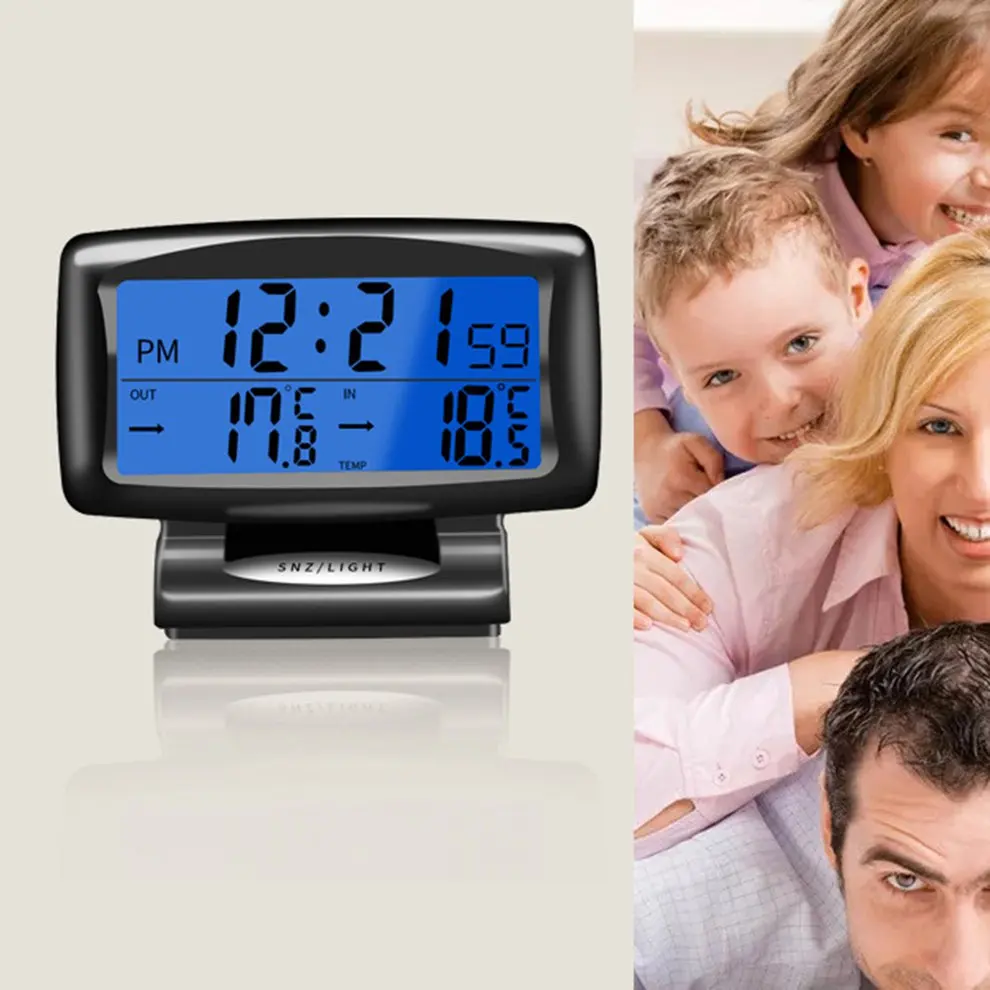 Multi-funktionel 2-i-1 12V Car Auto LCD Digital Ur Termometer Temperatur Spænding Meter Skærm